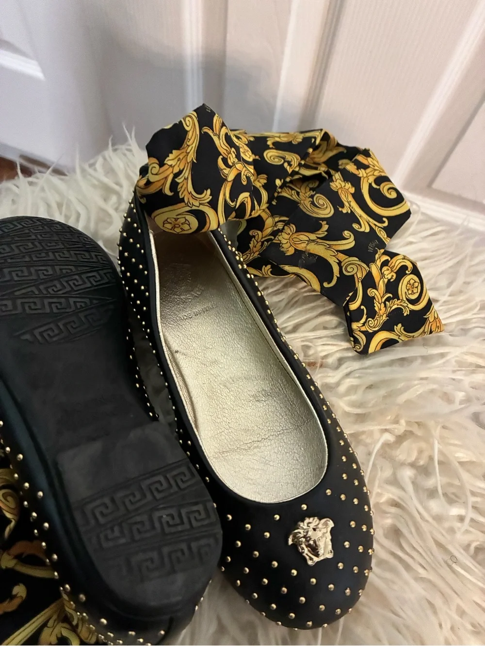 Versace Black and Gold Studded Ballet Flats with Medusa Charm